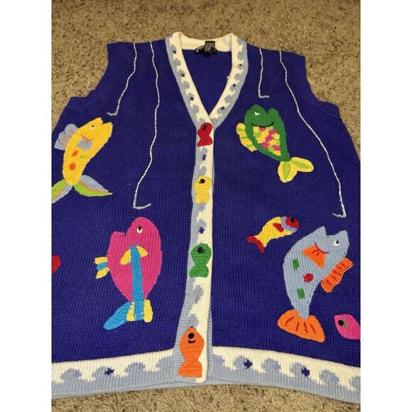 VTG 90s BEREK Knit Sweater Vest Fishermen Fish 3D Novelty Teacher Super Cute M - Picture 4 of 11
